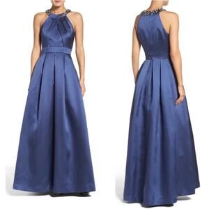 Eliza J Navy Satin Beaded Neckline Evening Gown